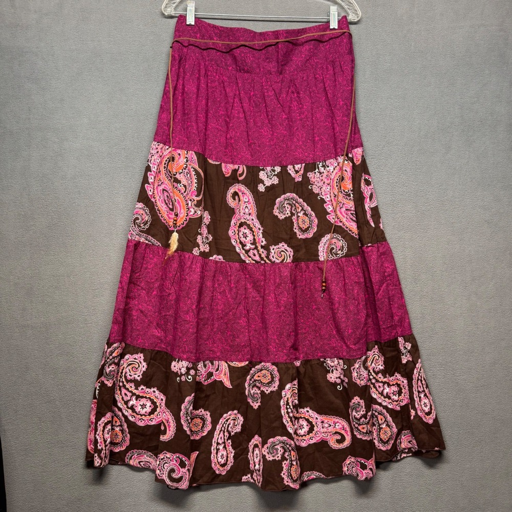 Lots of Love by Speechless Paisley Tiered Maxi Skirt L Brown Boho Festival